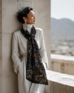 Дамски шал Loewe черен от сатен с брандирана щампа